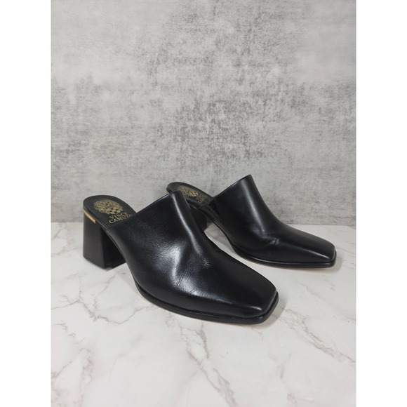 Vince Camuto Shoes - Vince Camuto Bristina Black Leather Square Toe Block Heel Mules Gold Trim 8.5M